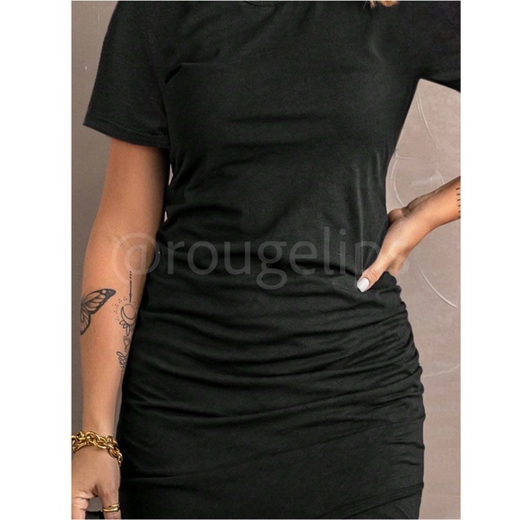 Black Mini Tee Shirt Style Dress Casual Ruched Overlapping Skirt Hem Round Neck - Picture 5 of 7